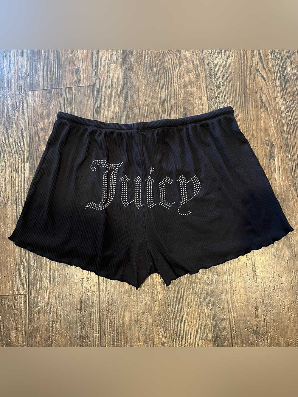 Juicy Rhinestone Logo Ribbed Black Lounge Shorts Size L